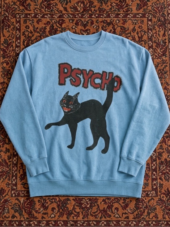 Gildan Sweaters - Gildan Teal Sweatshirt with Black Cat 'PSYCHO' Graphic